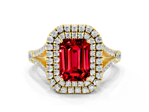 Yellow gold Emerald Cut Ruby Pavé Split Shank Double Halo Engagement Ring