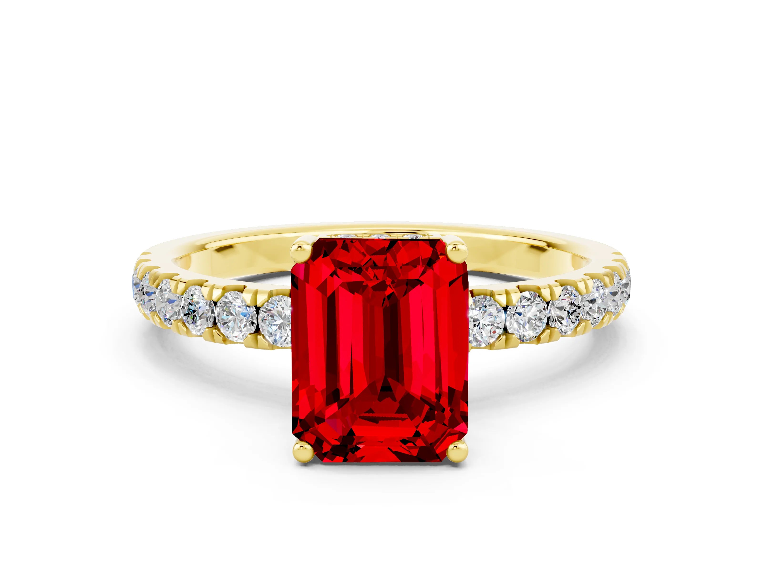 Yellow gold Emerald Cut Ruby Pave Band Solitaire Ring with Four-Prong Setting_24