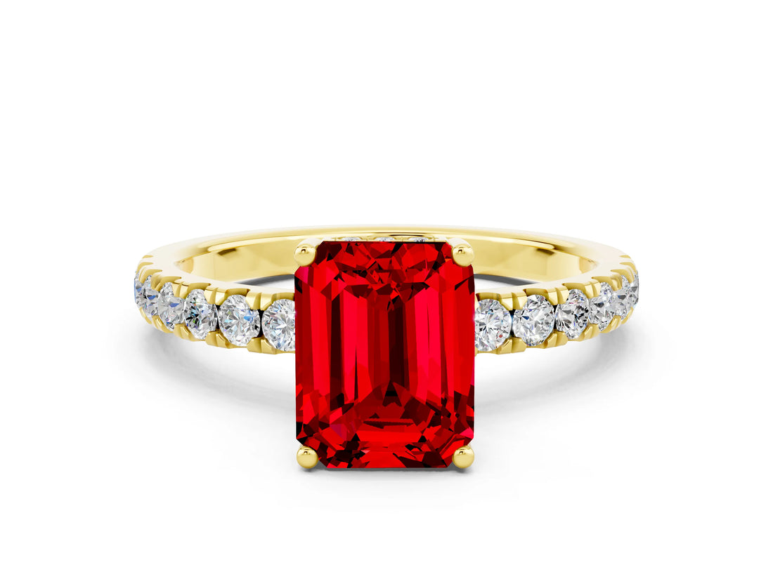 Yellow gold Emerald Cut Ruby Pave Band Solitaire Ring with Four-Prong Setting_24