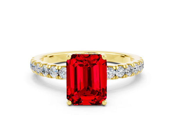 Yellow gold Emerald Cut Ruby Pave Band Solitaire Ring with Round  and Prong Setting