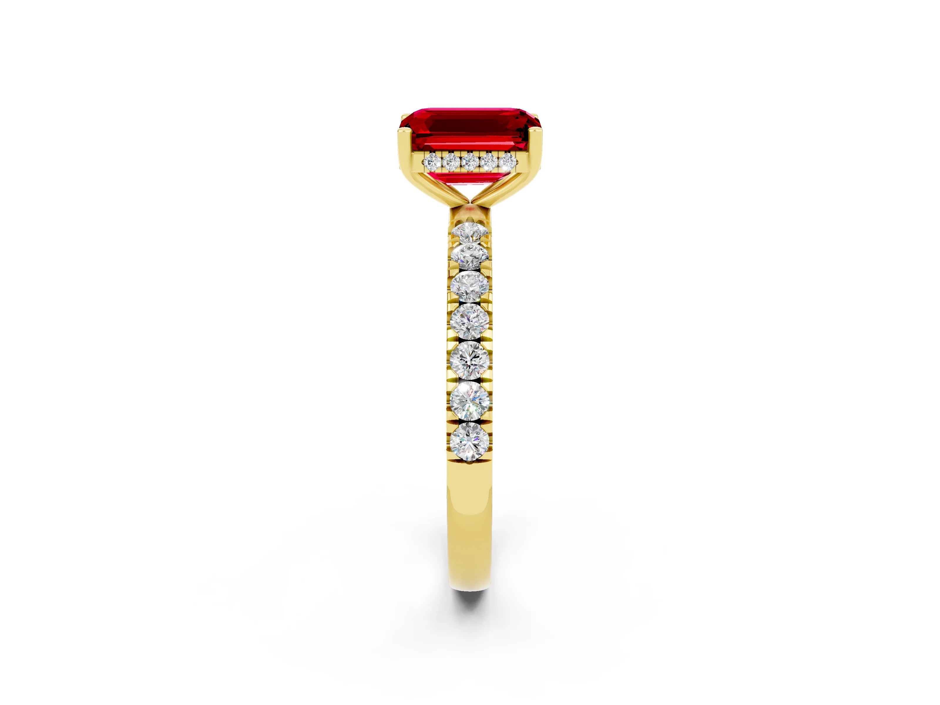 Yellow gold Emerald Cut Ruby Pave Band Solitaire Ring with Four-Prong Setting_26
