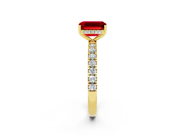 Yellow gold Emerald Cut Ruby Pave Band Solitaire Ring with Round  and Prong Setting