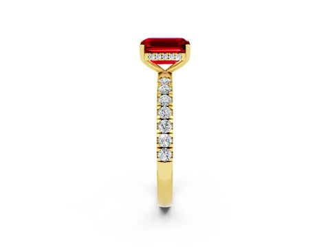 Yellow gold Emerald Cut Ruby Pave Band Solitaire Ring with Four-Prong Setting_26