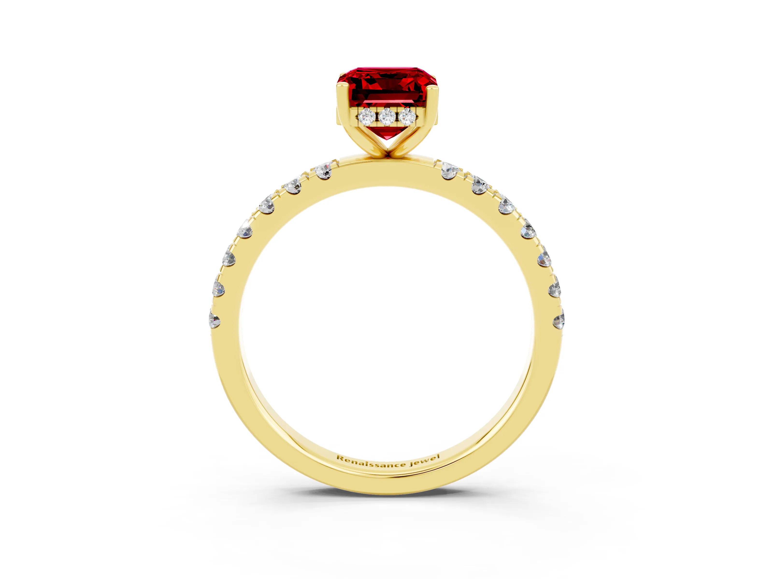 Yellow gold Emerald Cut Ruby Pave Band Solitaire Ring with Four-Prong Setting_27