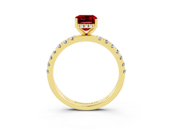Yellow gold Emerald Cut Ruby Pave Band Solitaire Ring with Round  and Prong Setting