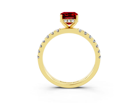 Yellow gold Emerald Cut Ruby Pave Band Solitaire Ring with Four-Prong Setting_27