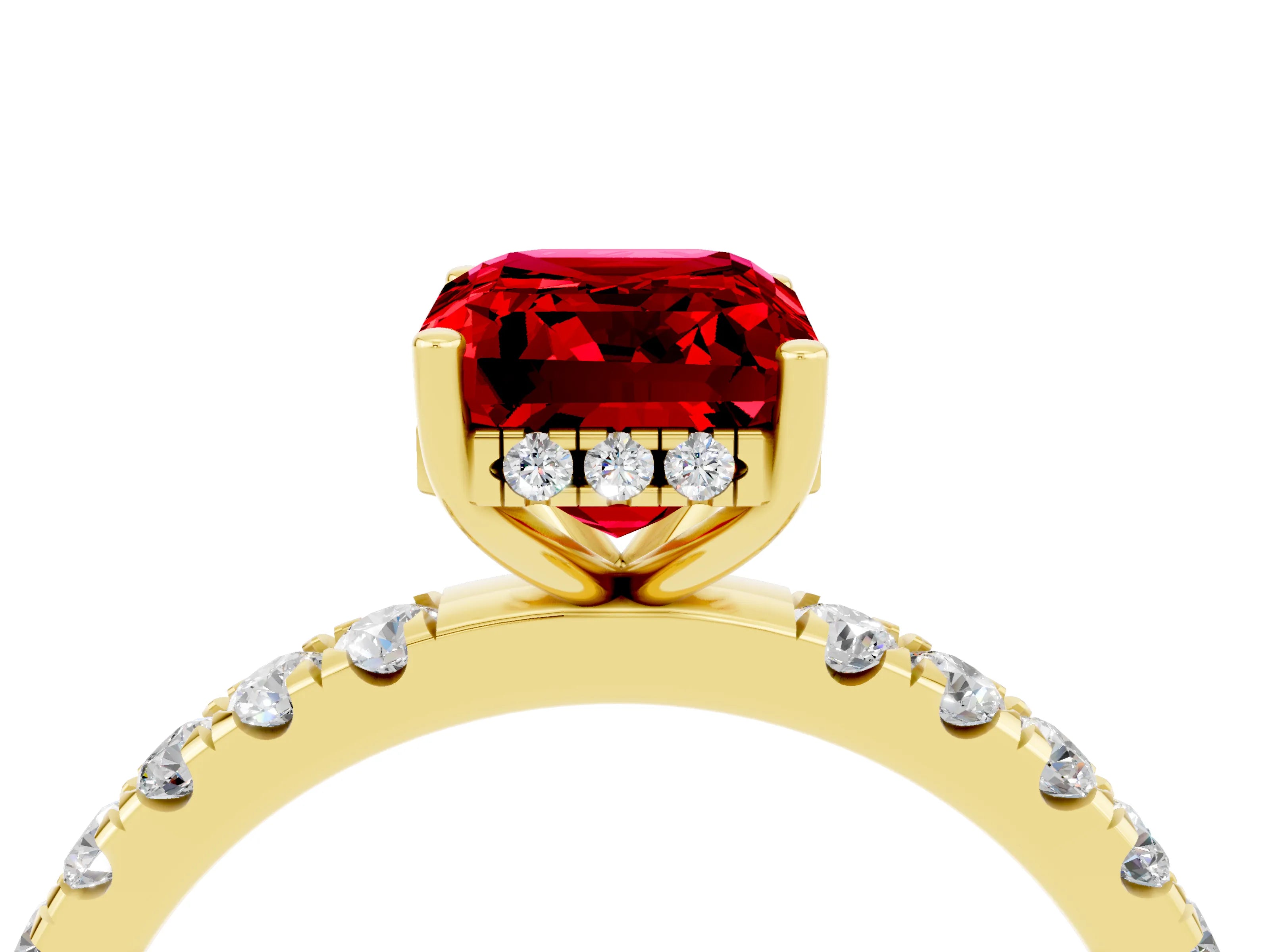 Yellow gold Emerald Cut Ruby Pave Band Solitaire Ring with Four-Prong Setting_28