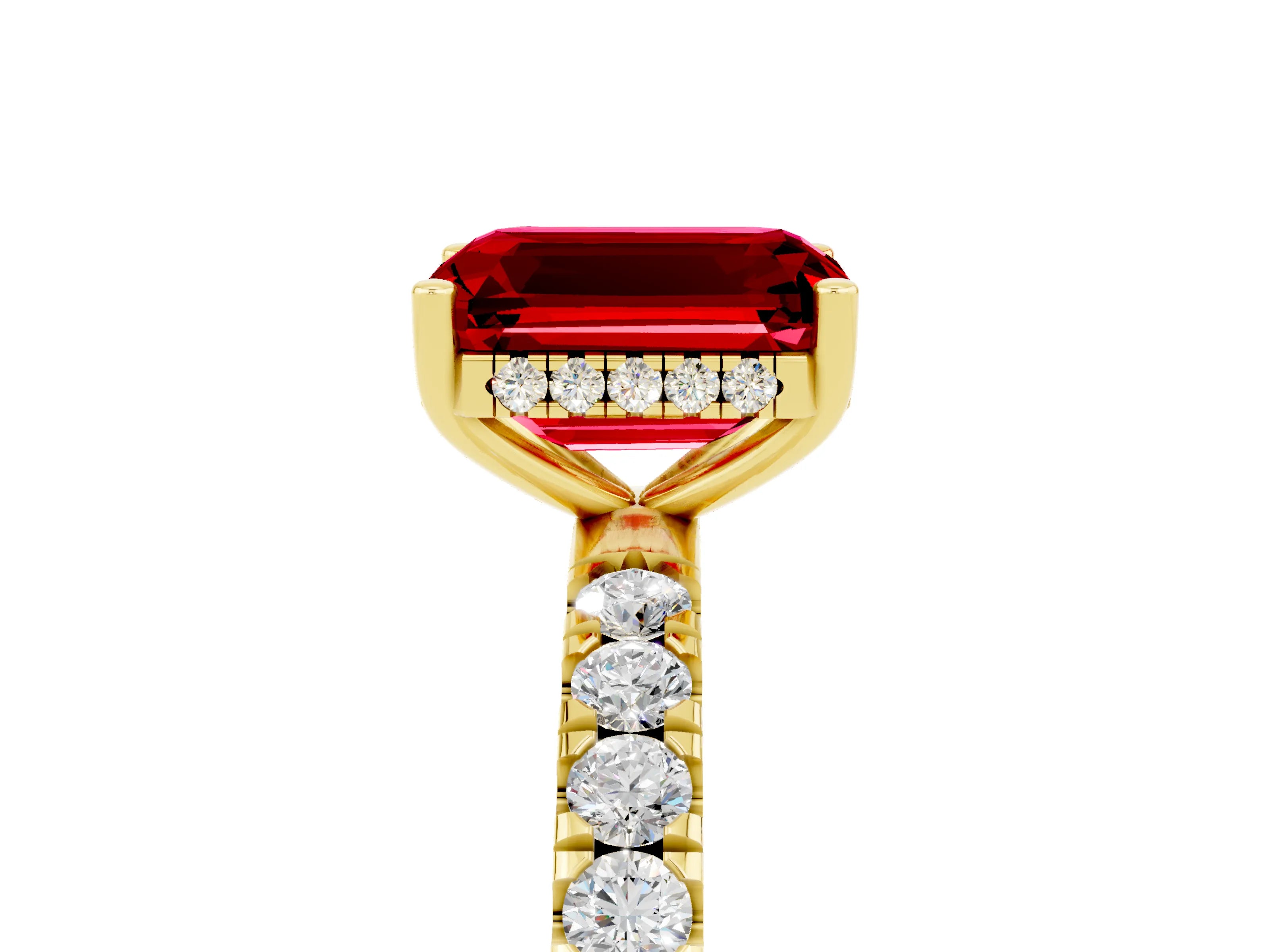 Yellow gold Emerald Cut Ruby Pave Band Solitaire Ring with Four-Prong Setting_29