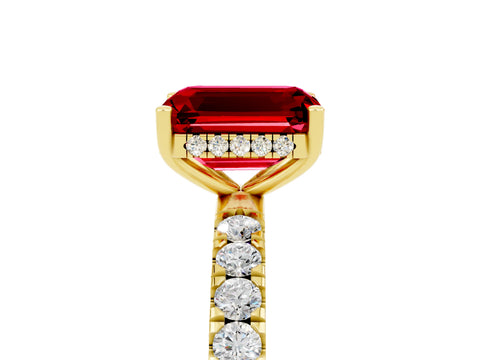 Yellow gold Emerald Cut Ruby Pave Band Solitaire Ring with Four-Prong Setting_29