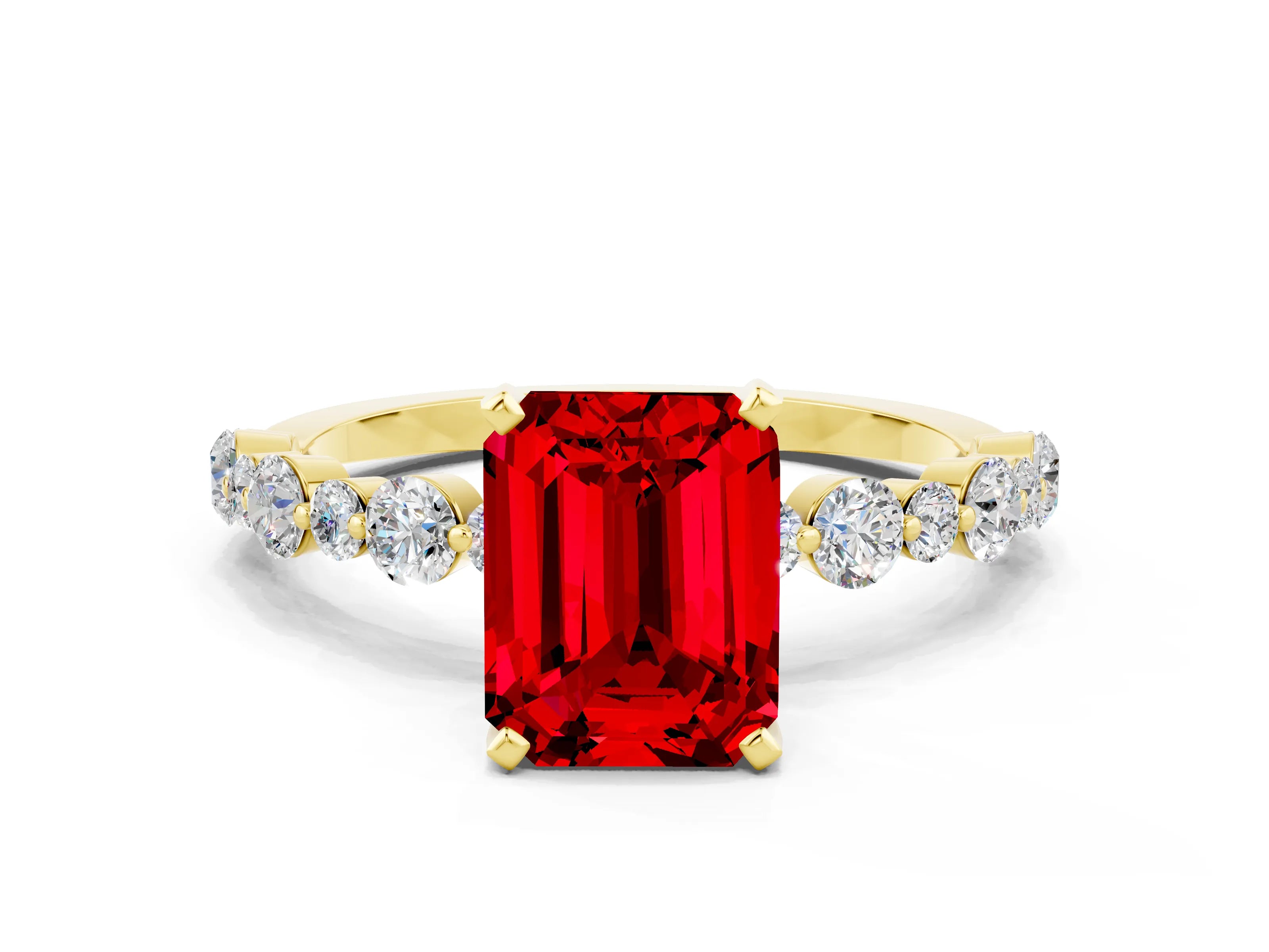 Yellow gold Emerald Cut Ruby Prong Set Engagement Ring with Pavé Band