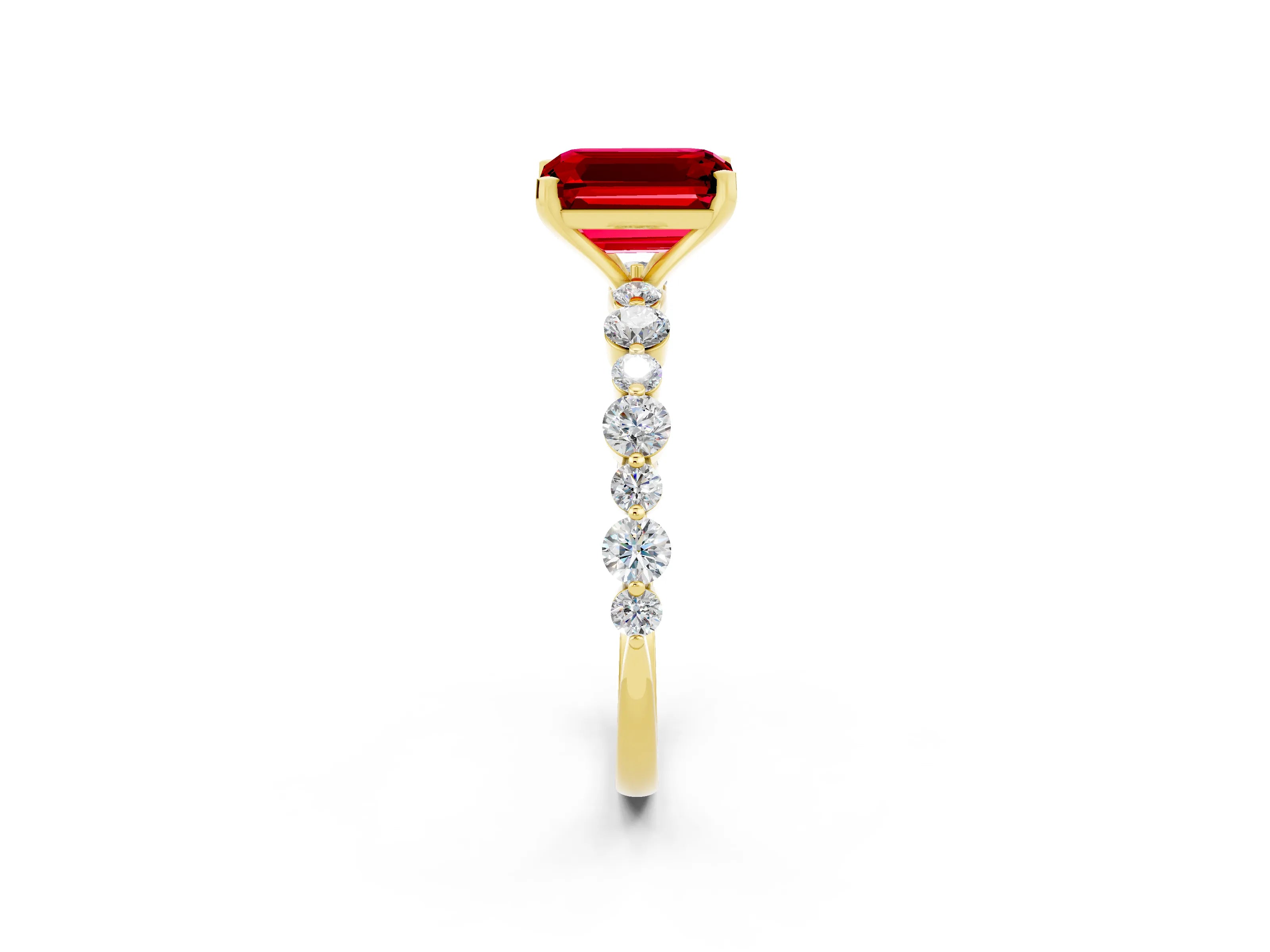 Yellow gold Emerald Cut Ruby Prong Set Engagement Ring with Pavé Band_2