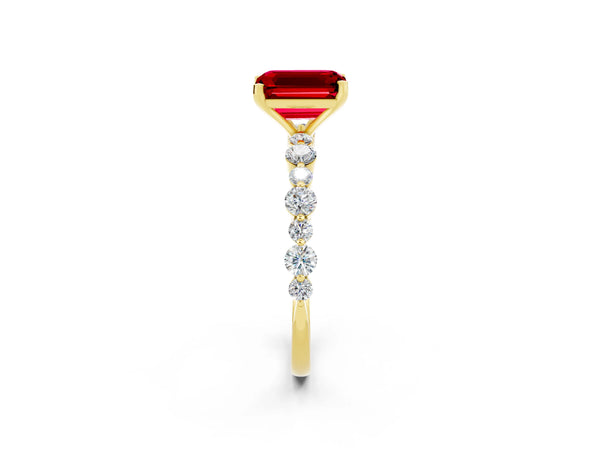Yellow gold Emerald Cut Ruby Prong Set Engagement Ring with Pavé Band