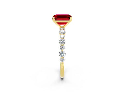 Yellow gold Emerald Cut Ruby Prong Set Engagement Ring with Pavé Band_2