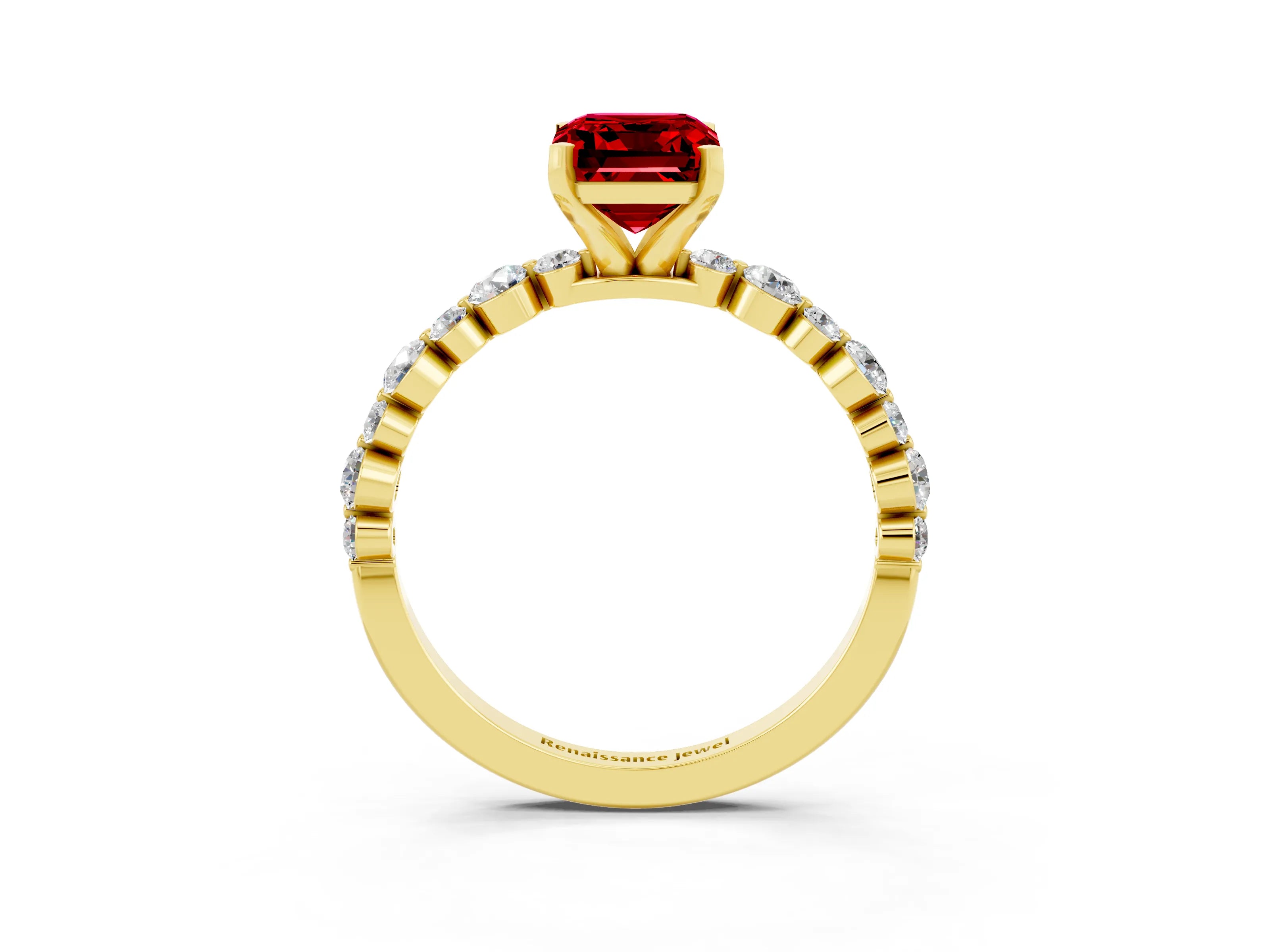 Yellow gold Emerald Cut Ruby Prong Set Engagement Ring with Pavé Band_3