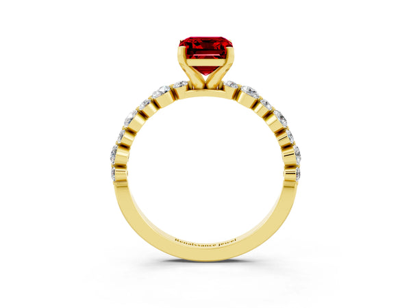 Yellow gold Emerald Cut Ruby Prong Set Engagement Ring with Pavé Band