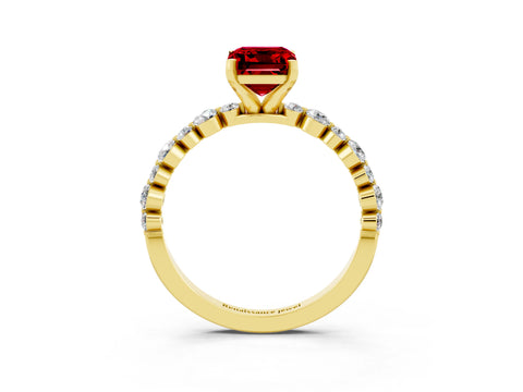 Yellow gold Emerald Cut Ruby Prong Set Engagement Ring with Pavé Band_3