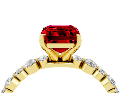 Yellow gold Emerald Cut Ruby Prong Set Engagement Ring with Pavé Band_4