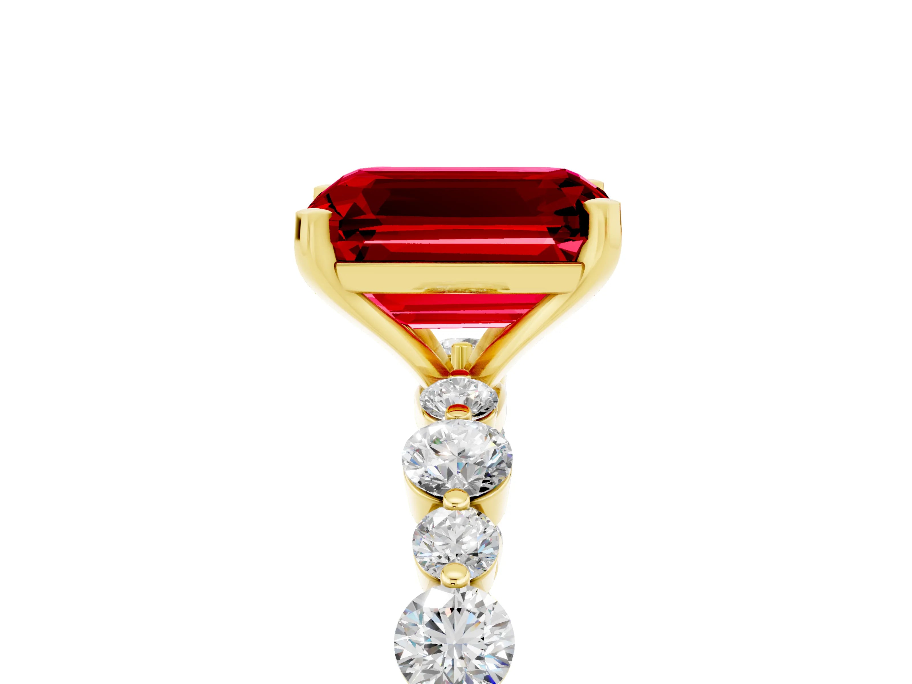 Yellow gold Emerald Cut Ruby Prong Set Engagement Ring with Pavé Band_5