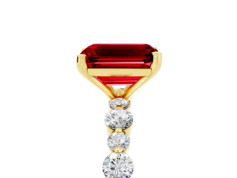 Yellow gold Emerald Cut Ruby Prong Set Engagement Ring with Pavé Band_5
