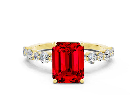 Yellow gold Emerald Cut Ruby Prong Set Engagement Ring with Pavé Band