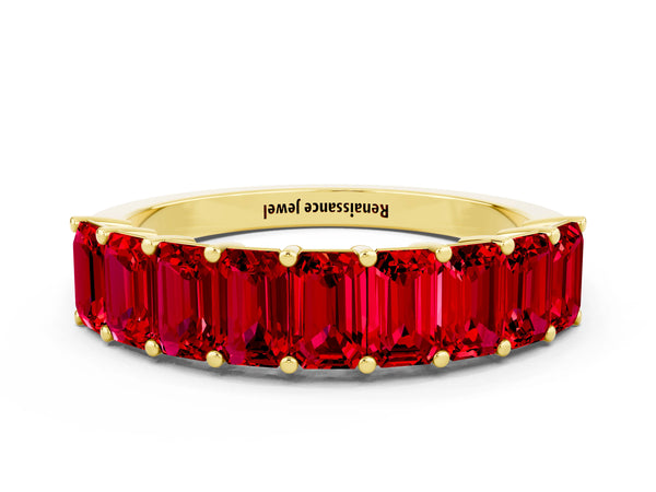 Yellow gold Emerald Cut Ruby Prong-Set Eternity Band