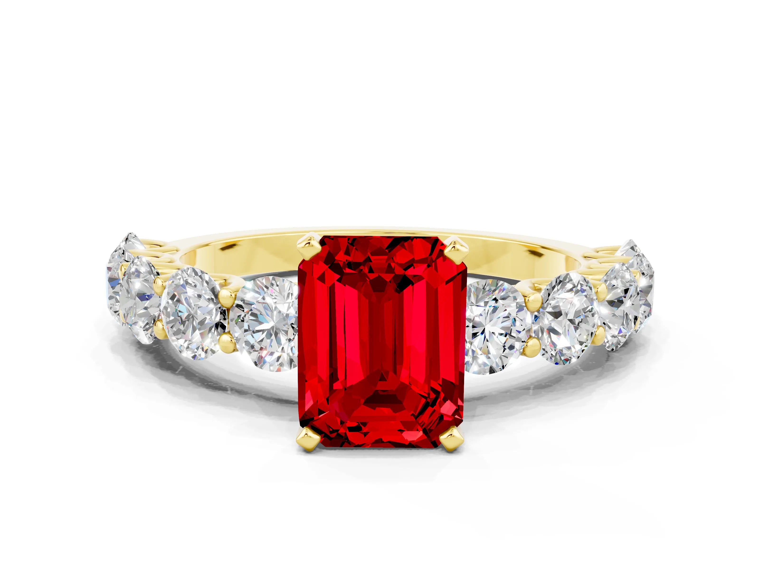 Yellow gold Emerald Cut Ruby Prong Setting with Side Stones on a Pave Band