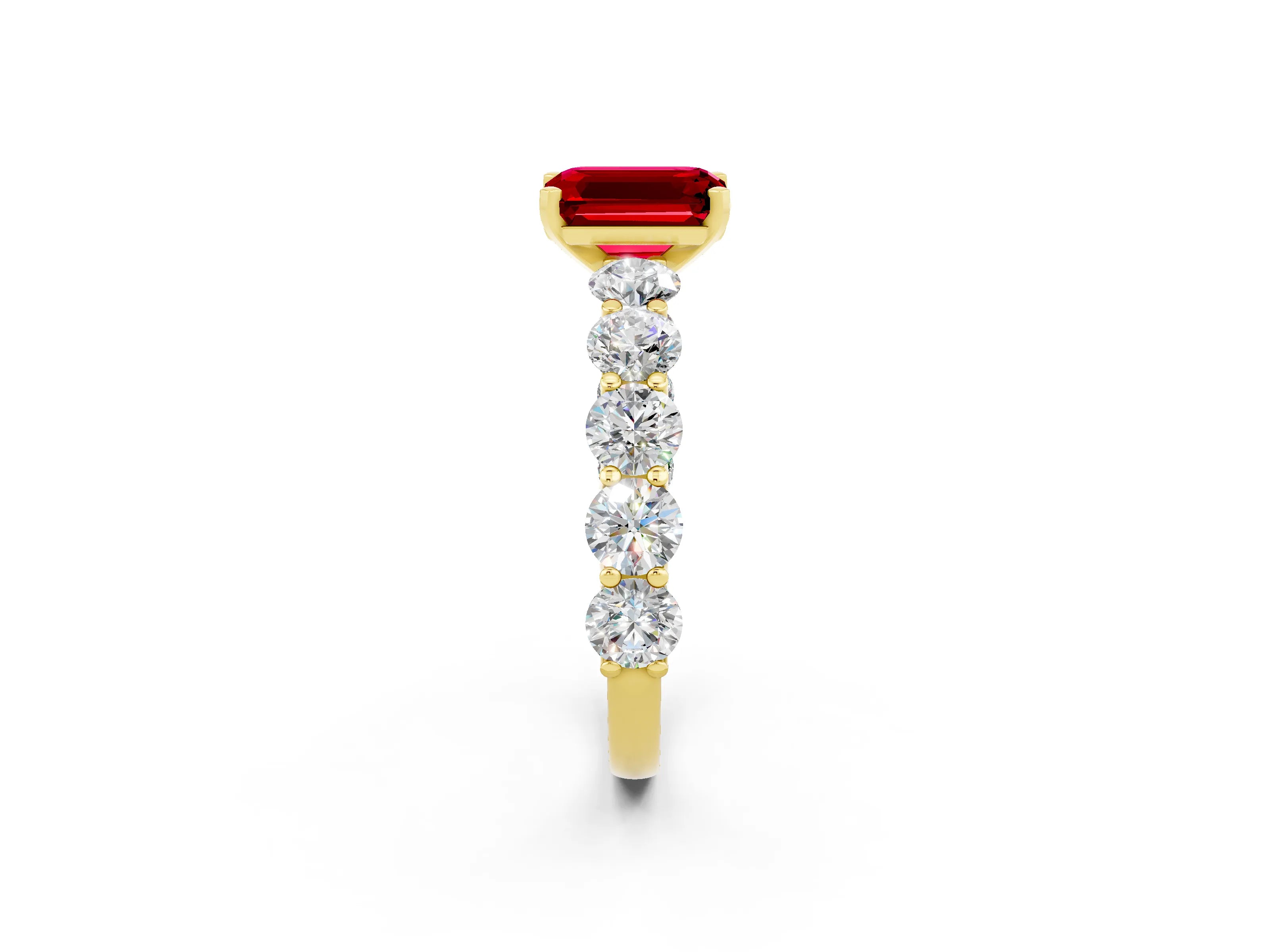 Yellow gold Emerald Cut Ruby Prong Setting with Side Stones on a Pave Band_2