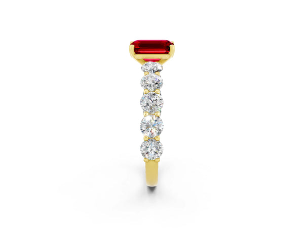 Yellow gold Emerald Cut Ruby Prong Setting with Side Stones on a Pave Band