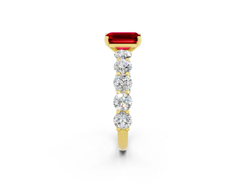 Yellow gold Emerald Cut Ruby Prong Setting with Side Stones on a Pave Band_2