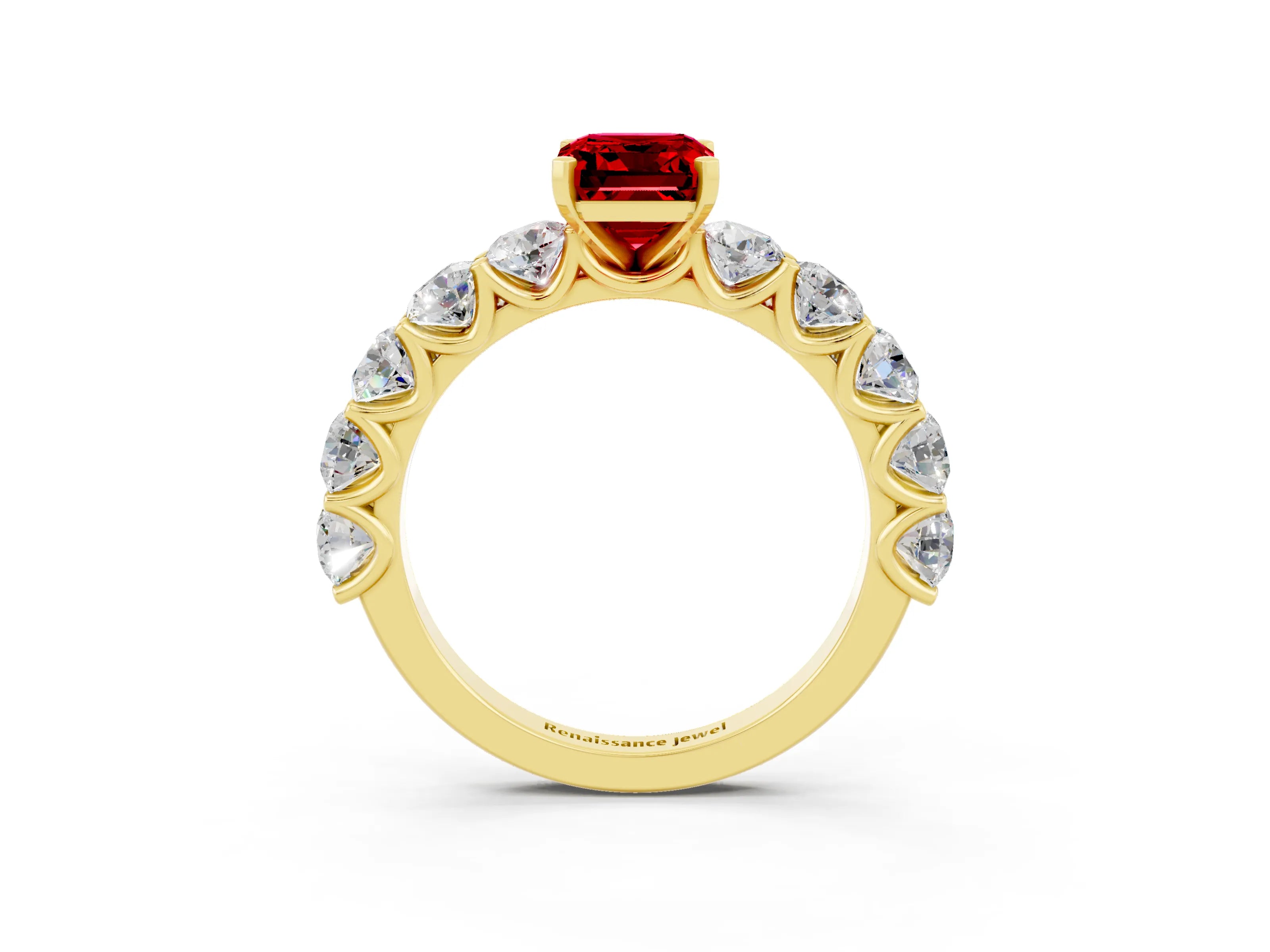 Yellow gold Emerald Cut Ruby Prong Setting with Side Stones on a Pave Band_3