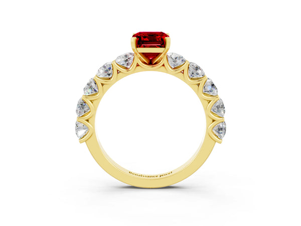 Yellow gold Emerald Cut Ruby Prong Setting with Side Stones on a Pave Band