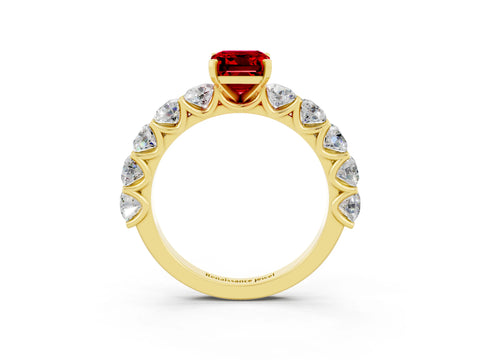 Yellow gold Emerald Cut Ruby Prong Setting with Side Stones on a Pave Band_3