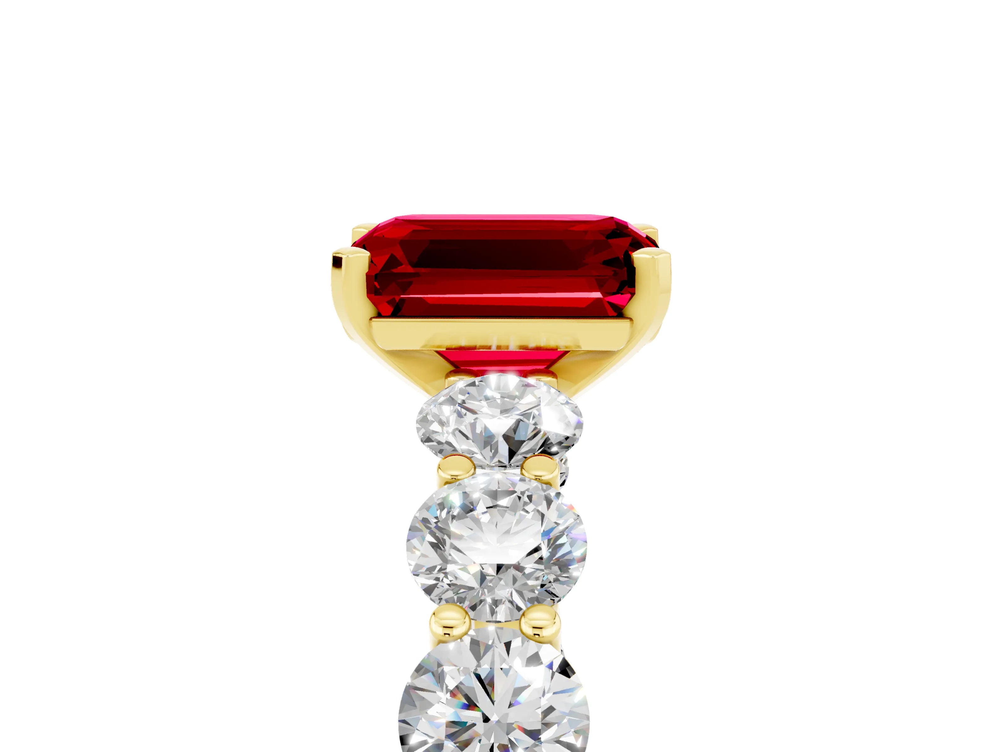 Yellow gold Emerald Cut Ruby Prong Setting with Side Stones on a Pave Band_5