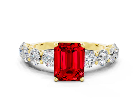 Yellow gold Emerald Cut Ruby Prong Setting with Side Stones on a Pave Band