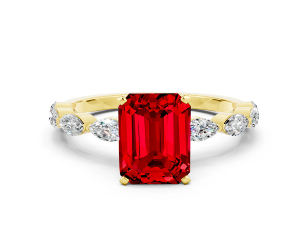 Yellow gold Emerald Cut Ruby Ring with Marquise Side Stones and Prong Setting