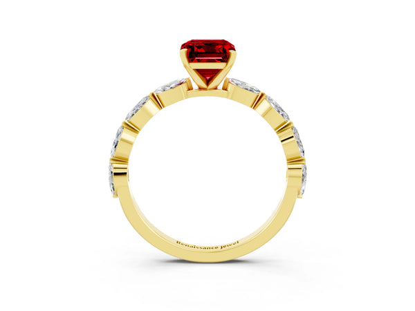 Yellow gold Emerald Cut Ruby Ring with Marquise Side Stones and Prong Setting