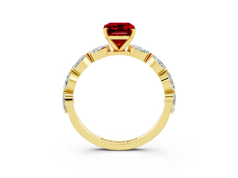 Yellow gold Emerald Cut Ruby Ring with Marquise Side Stones and Prong Setting_3