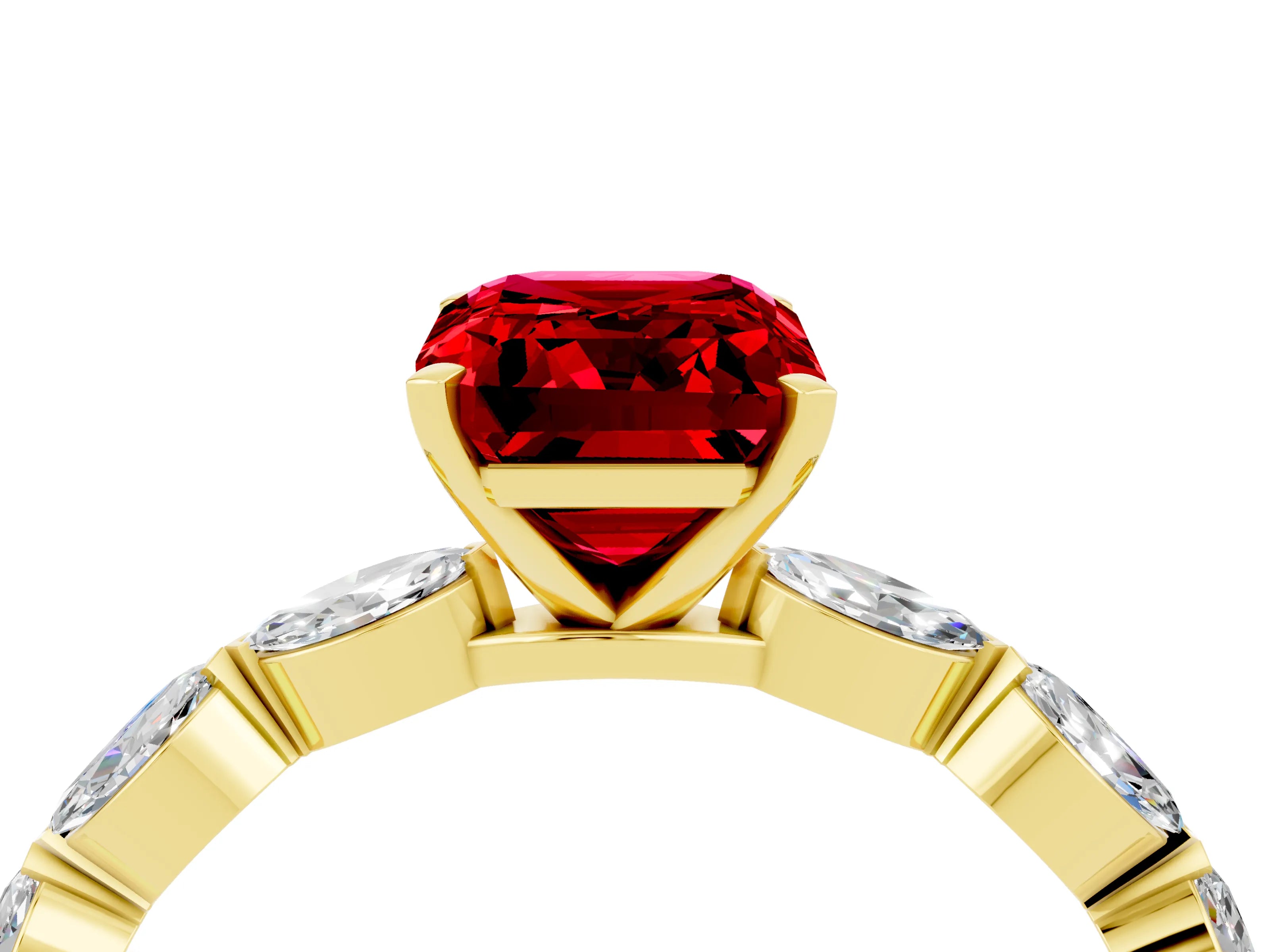 Yellow gold Emerald Cut Ruby Ring with Marquise Side Stones and Prong Setting_4