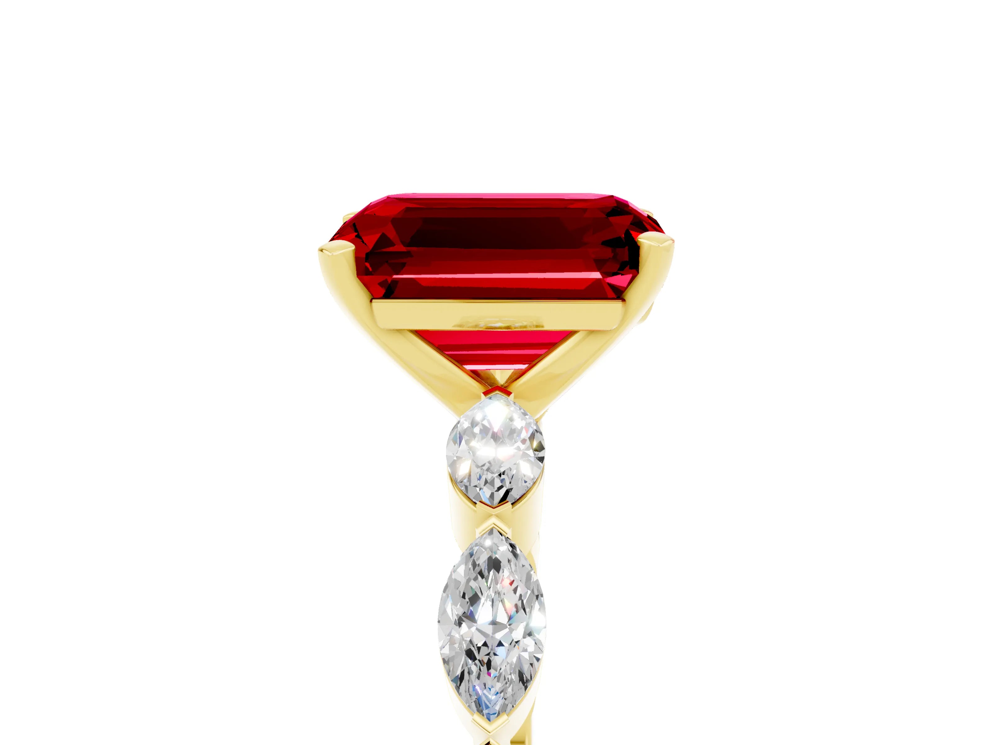 Yellow gold Emerald Cut Ruby Ring with Marquise Side Stones and Prong Setting_5