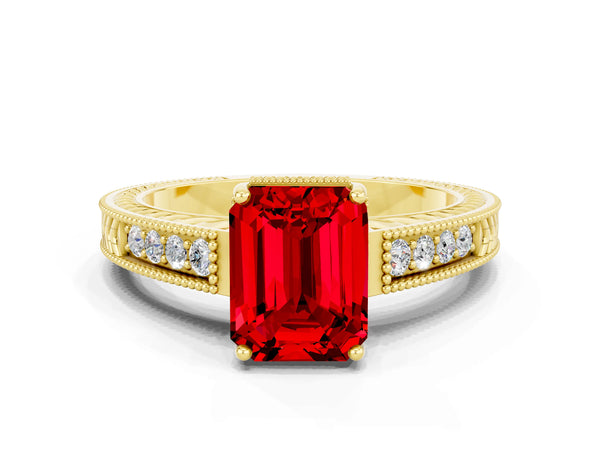 Yellow gold Emerald Cut Ruby Ring with Milgrain Pavé Band and Four-Prong Setting