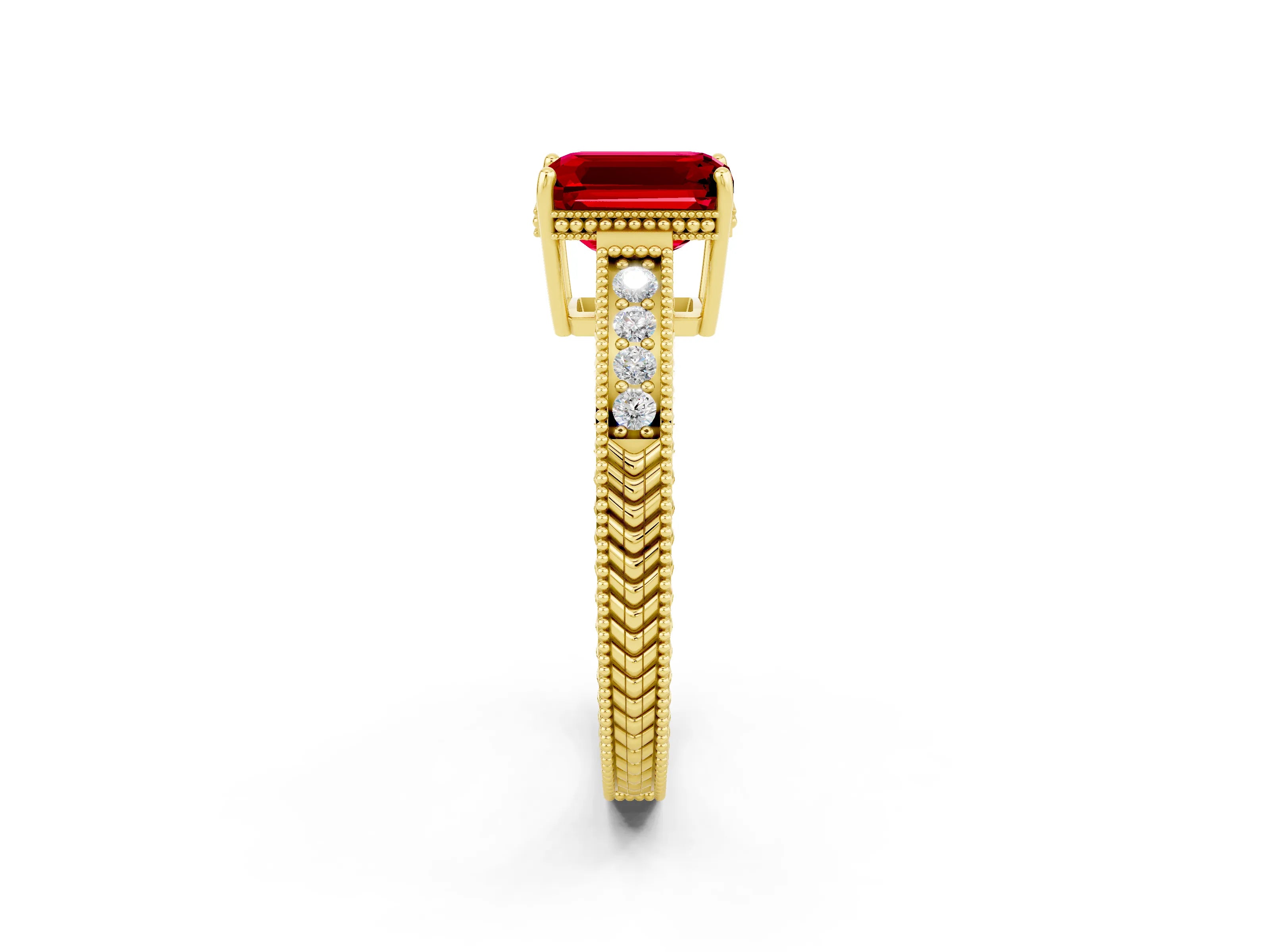 Yellow gold Emerald Cut Ruby Ring with Milgrain Pavé Band and Four-Prong Setting_14