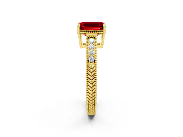 Yellow gold Emerald Cut Ruby Ring with Milgrain Pavé Band and Four-Prong Setting