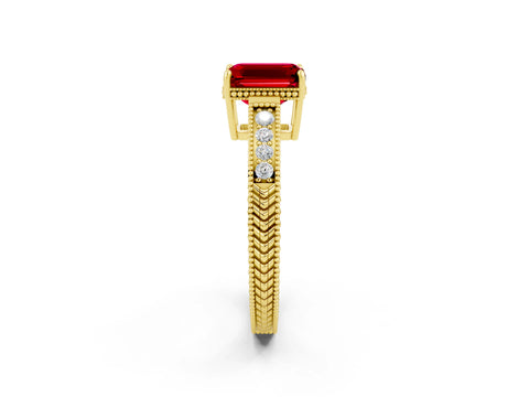 Yellow gold Emerald Cut Ruby Ring with Milgrain Pavé Band and Four-Prong Setting_14