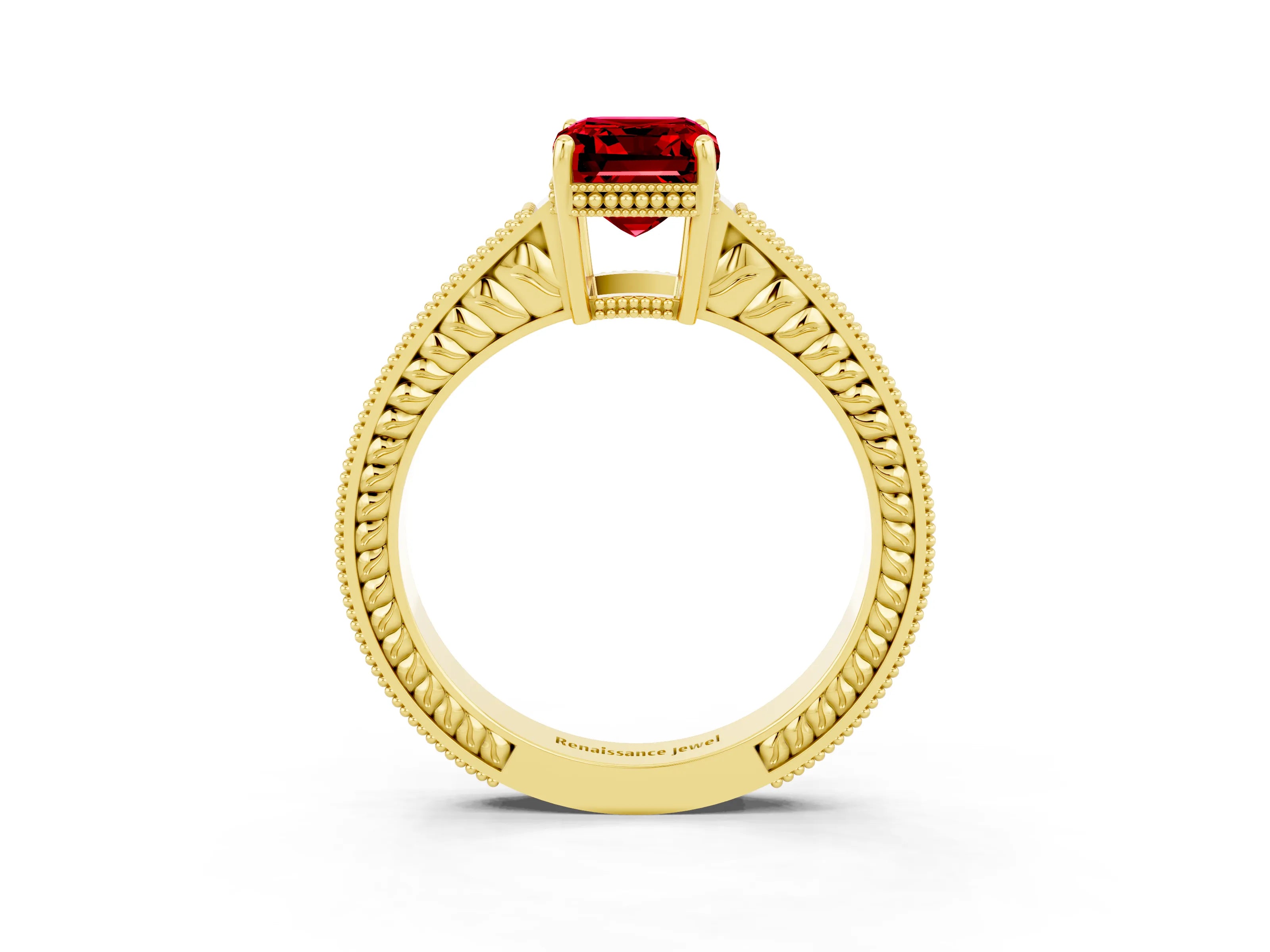 Yellow gold Emerald Cut Ruby Ring with Milgrain Pavé Band and Four-Prong Setting_15