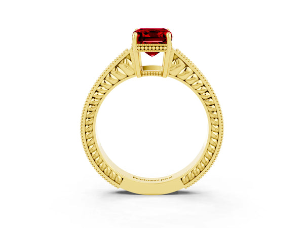 Yellow gold Emerald Cut Ruby Ring with Milgrain Pavé Band and Four-Prong Setting