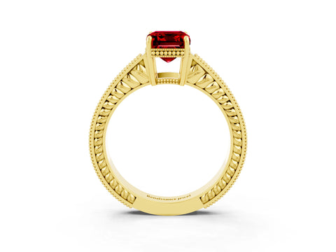 Yellow gold Emerald Cut Ruby Ring with Milgrain Pavé Band and Four-Prong Setting_15
