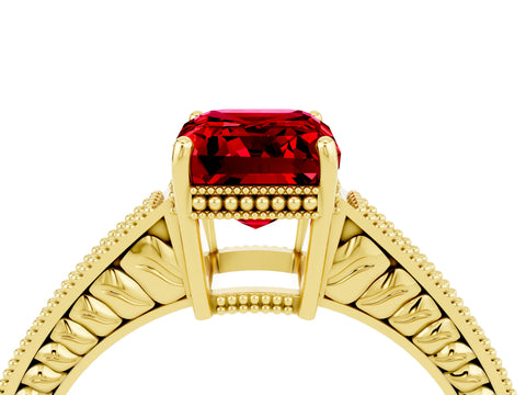 Yellow gold Emerald Cut Ruby Ring with Milgrain Pavé Band and Four-Prong Setting_16