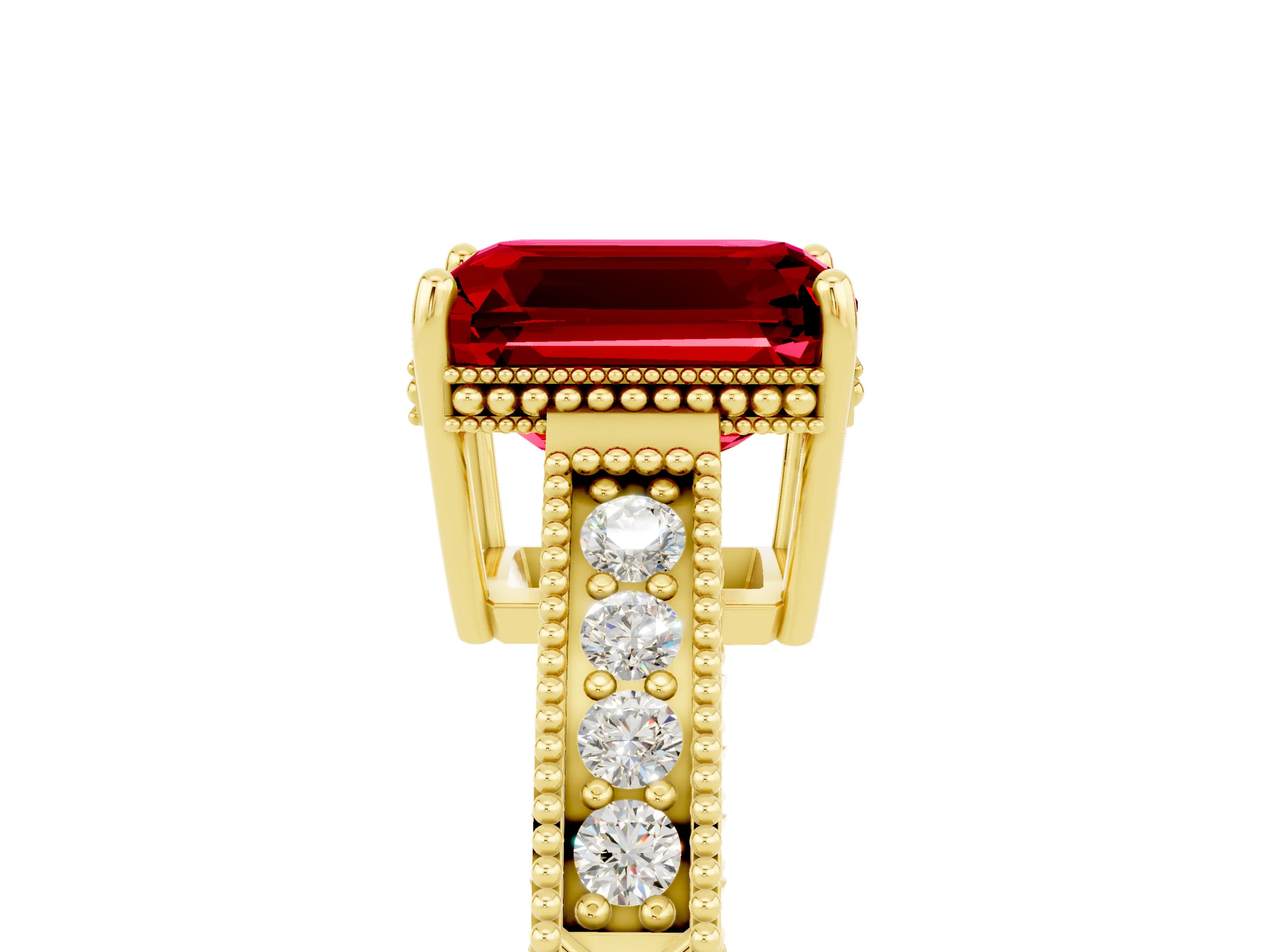 Yellow gold Emerald Cut Ruby Ring with Milgrain Pavé Band and Four-Prong Setting_17