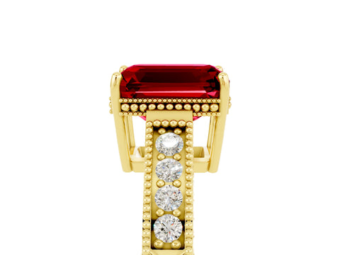Yellow gold Emerald Cut Ruby Ring with Milgrain Pavé Band and Four-Prong Setting_17