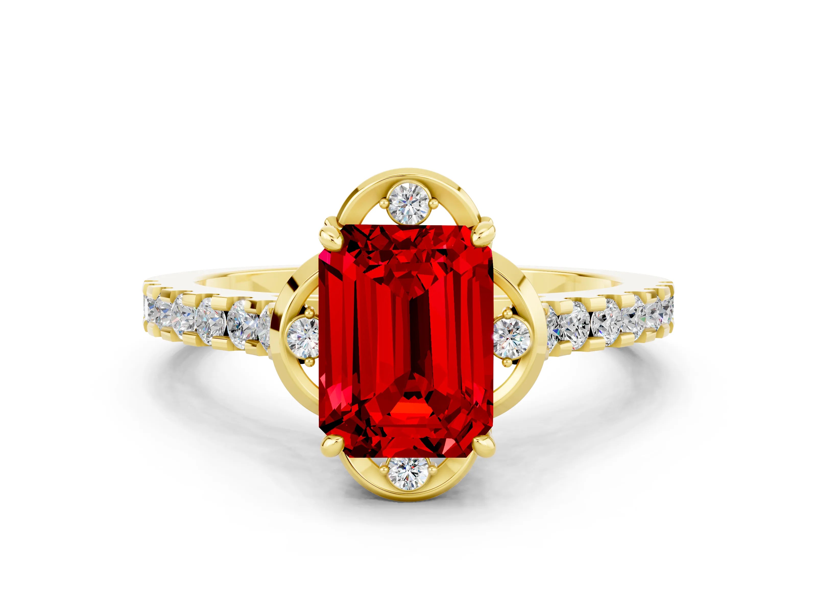 Yellow gold Emerald Cut Ruby Ring with Pavé Band and Floral Prong Setting